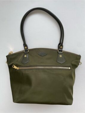 MZ Wallace Chelsea Zippered Tote Bag Olive Green Bedford Nylon Leather Trim, EUC